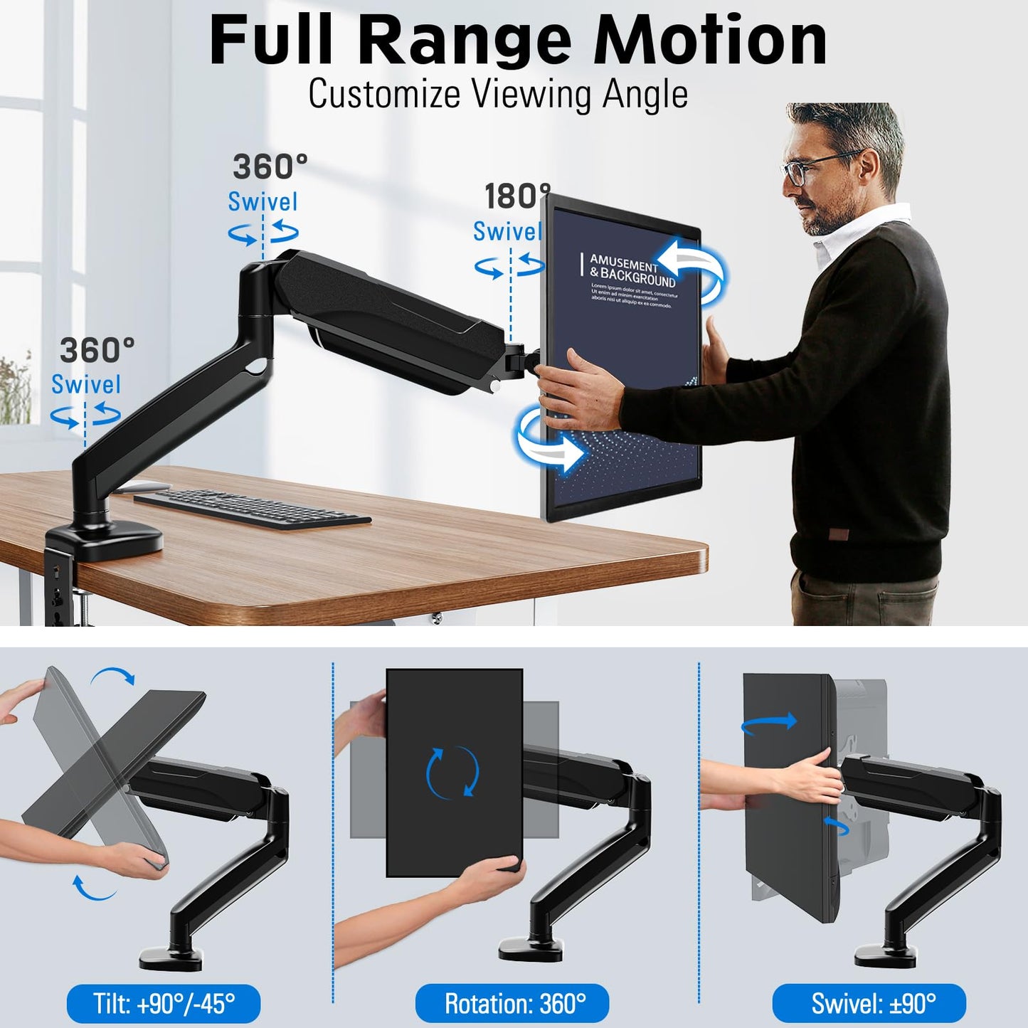 MOUNTUP Single Monitor Desk Mount, Adjustable Gas Spring Monitor Arm Support Max 32 Inch, 4.4-17.6lbs Screen, Computer Monitor Stand Holder with Clamp/Grommet Mounting Base, VESA Mount Bracket, Black