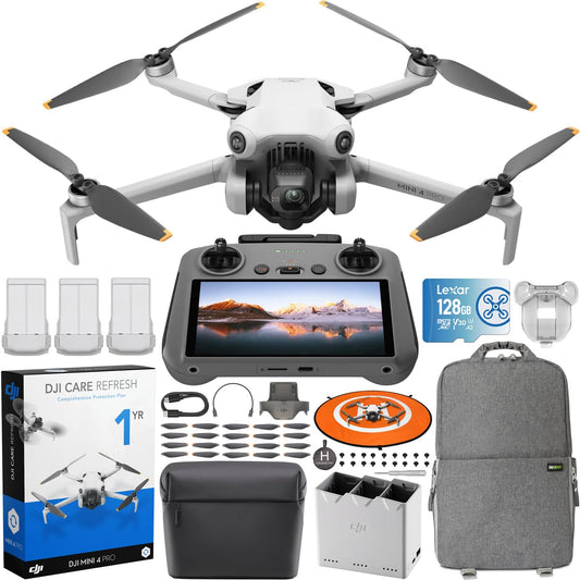 DJI Mini 4 Pro Folding Drone with RC 2 Remote (With Screen) Fly More Combo Plus, 4K HDR, Under 249g, Omnidirectional Sensing, 3 Plus Batteries Bundle with 1 Year DJI Care Refresh Plan & Accessories - amzGamess