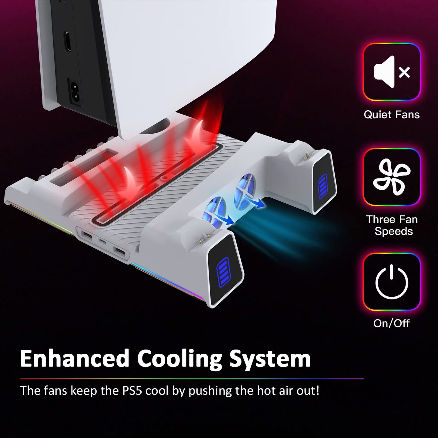 NexiGo PS5 Slient Cooling Stand with RGB LED Light, Dual Charging Station Compatible with DualSense Edge Controller, Hard Drive Slot, Headset and Remote Holders, 10 Game Slots, White - amzGamess