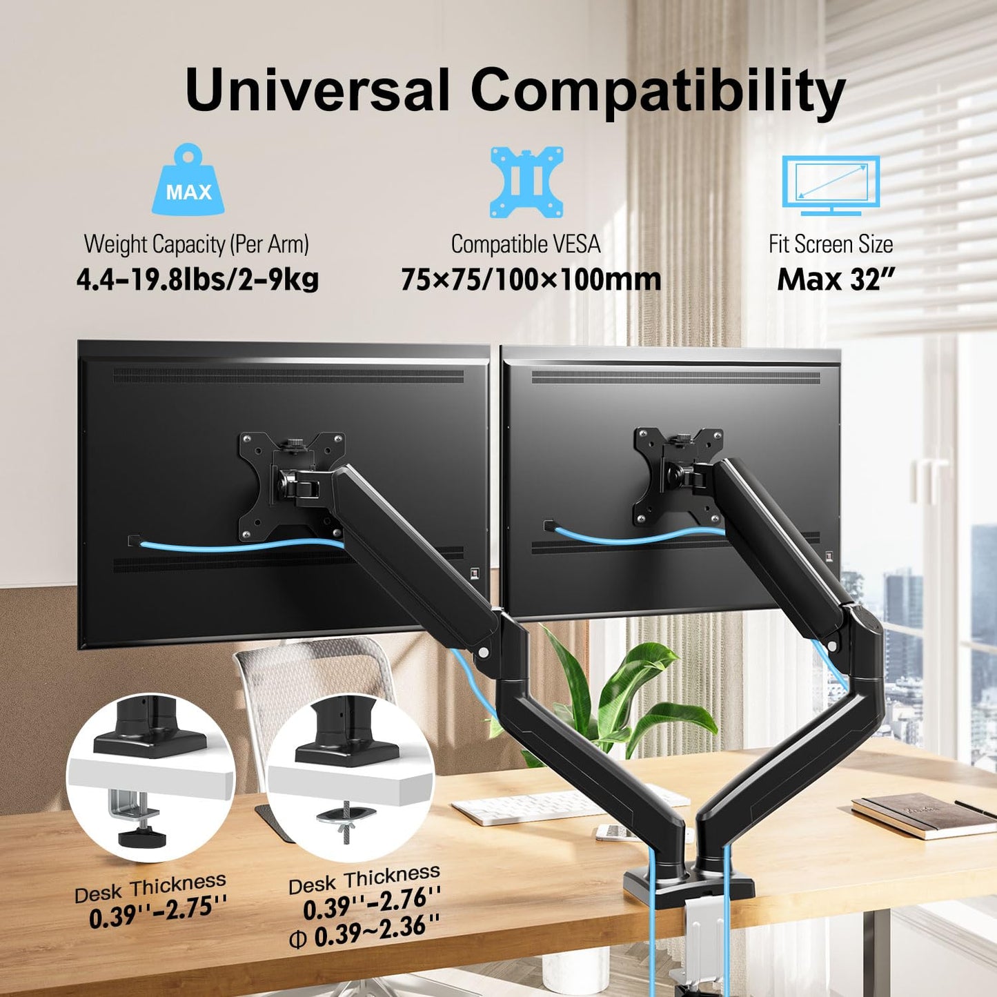 ErgoFocus Dual Monitor Mount Fits 13 to 32 Inch Computer Screen, Dual Monitor Arm Hold up to 19.8lbs Each, Full Motion Monitor Desk Mounts for 2 Monitors, Gas Spring Monitor Stand, VESA Mount