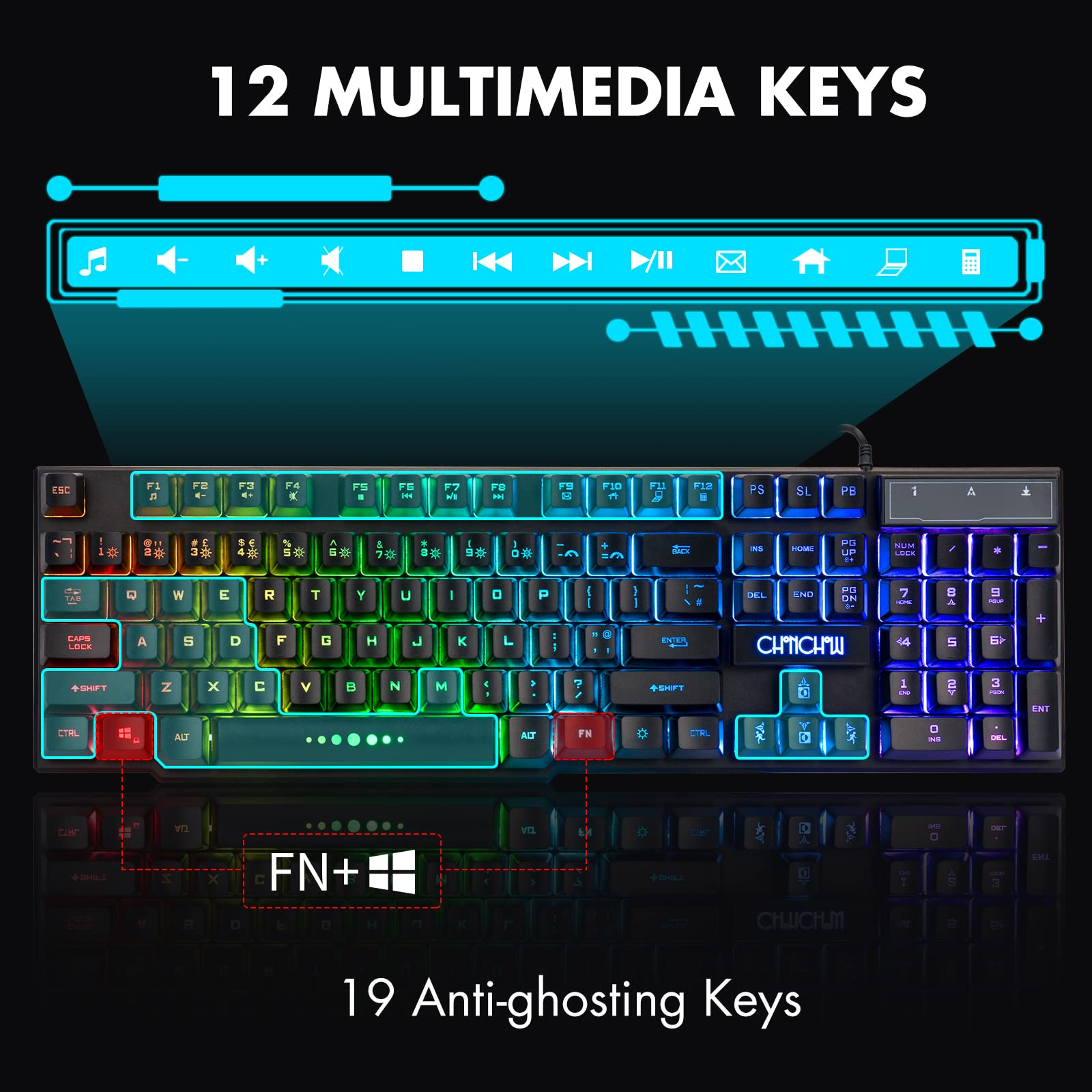 CHONCHOW Wired Gaming Keyboard for Mac PC PS5 PS4 Xbox One Gamers, RGB Backlit LED Mechanical Feel Keyboard with Multimedia Keys Number Pad, 104 Keys USB Desktop Computer Windows Keyboard (Black) - amzGamess