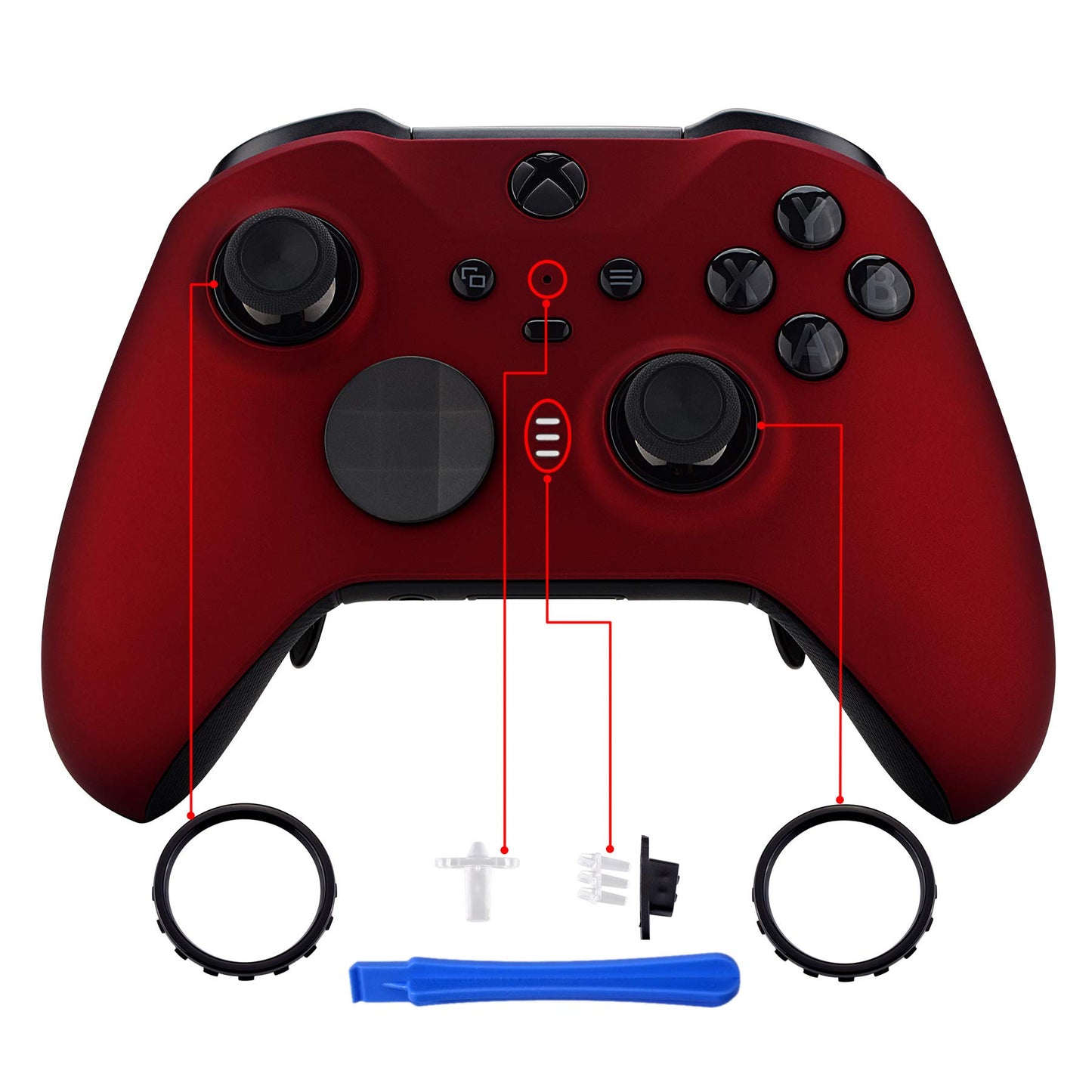 eXtremeRate Scarlet Red Soft Touch Faceplate Cover, Front Housing Shell Case Replacement Kit for Xbox One Elite Series 2, Xbox Elite 2 Core Controller Model 1797 - Thumbstick Accent Rings Included - amzGamess