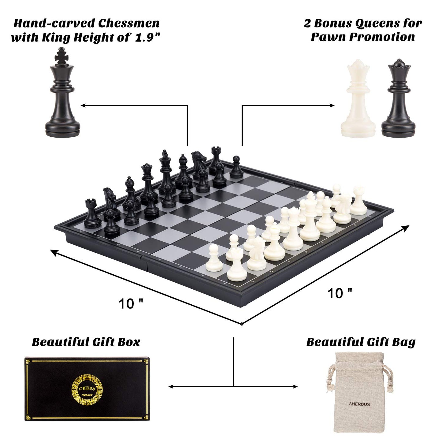 AMEROUS 10 Inches Magnetic Travel Chess Set with Folding Chess Board - 2 Extra Queens - Storage Bag for Pieces - Instructions for Beginner, Kids and Adults