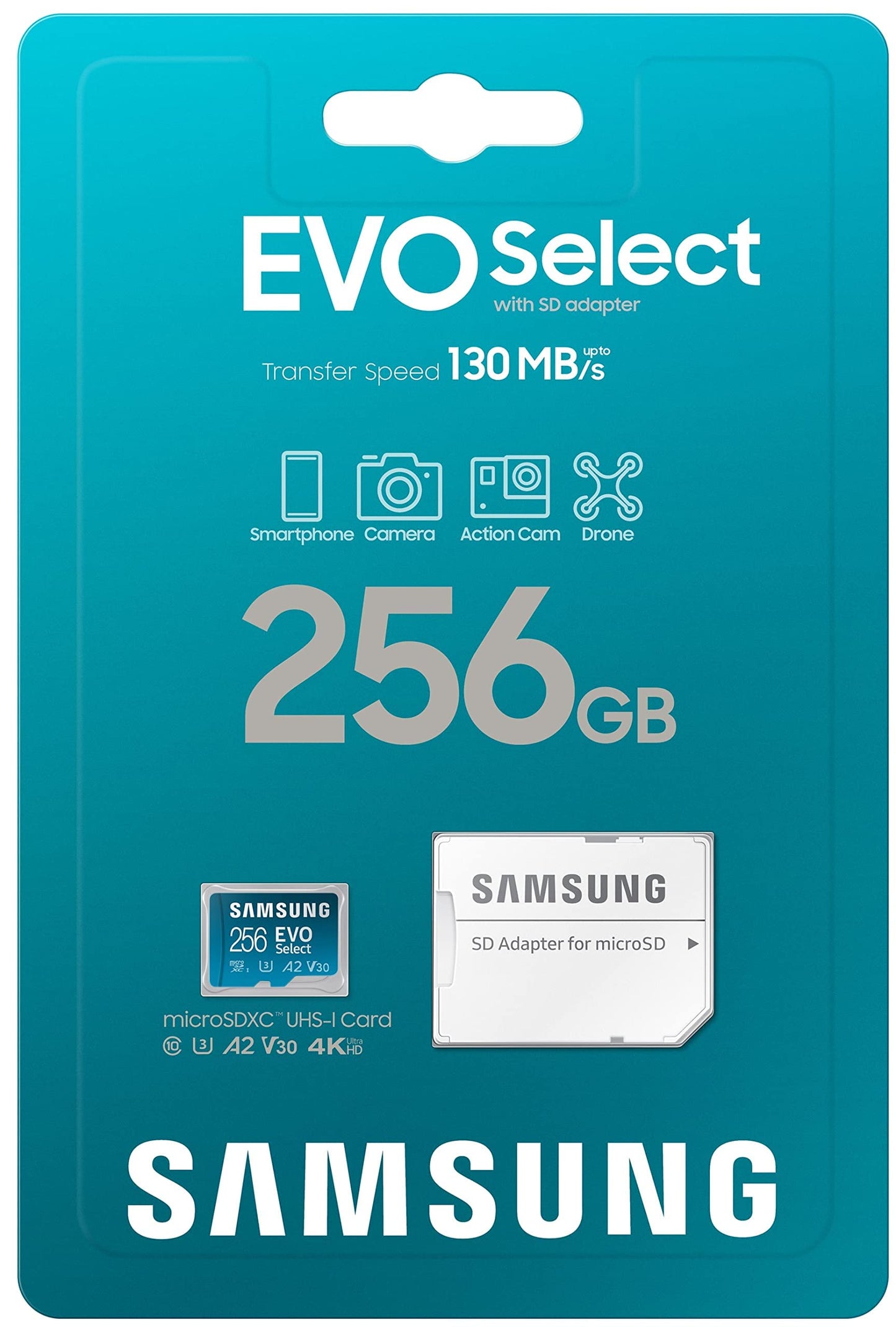 SAMSUNG EVO Select Micro SD-Memory-Card + Adapter, 256GB microSDXC 130MB/s Full HD & 4K UHD, UHS-I, U3, A2, V30, Expanded Storage for Android Smartphones, Tablets, Nintendo-Switch (MB-ME256KA/AM)