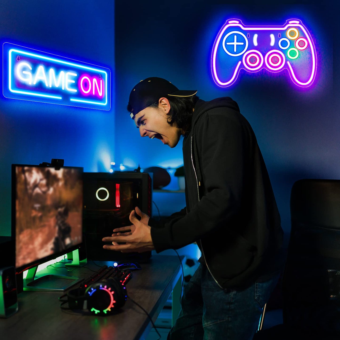 KABOER Gamer Neon Sign,16''x 10''Gamepad Neon Signs and 16''x 6'' Game On Neon Signs LED Light Gamer Gifts USB Powered Game Controller Neon Sign for Gaming Wall Decor Room Decor - amzGamess