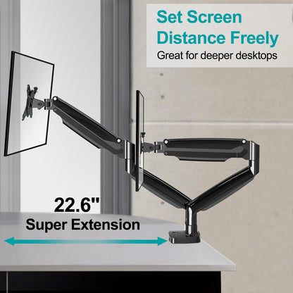 MOUNT PRO Dual Monitor Desk Mount fits 22” to 35” Ultrawide Computer Screen, Holds up to 26.4lbs Each, Fully Adjustable Long Monitor Arm for Two Monitors, Gas Spring Monitor Stand, 100x100 VESA Mount