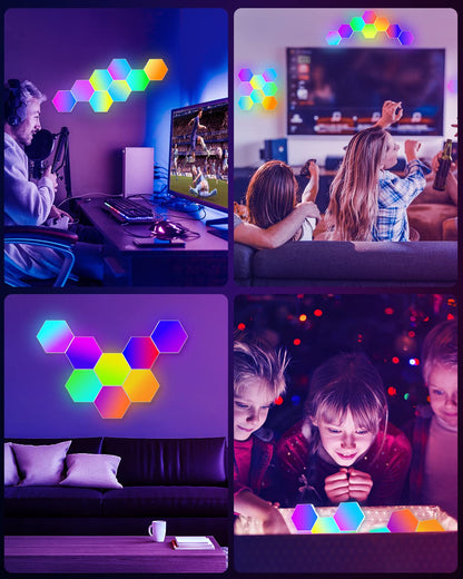 NIUCOO 8 Pack Hexagon Led Lights Wall Panels: RGB Gaming Lights with APP Smart Modular Panel Hex Tiles Push Glide Expansion Shapes Lights