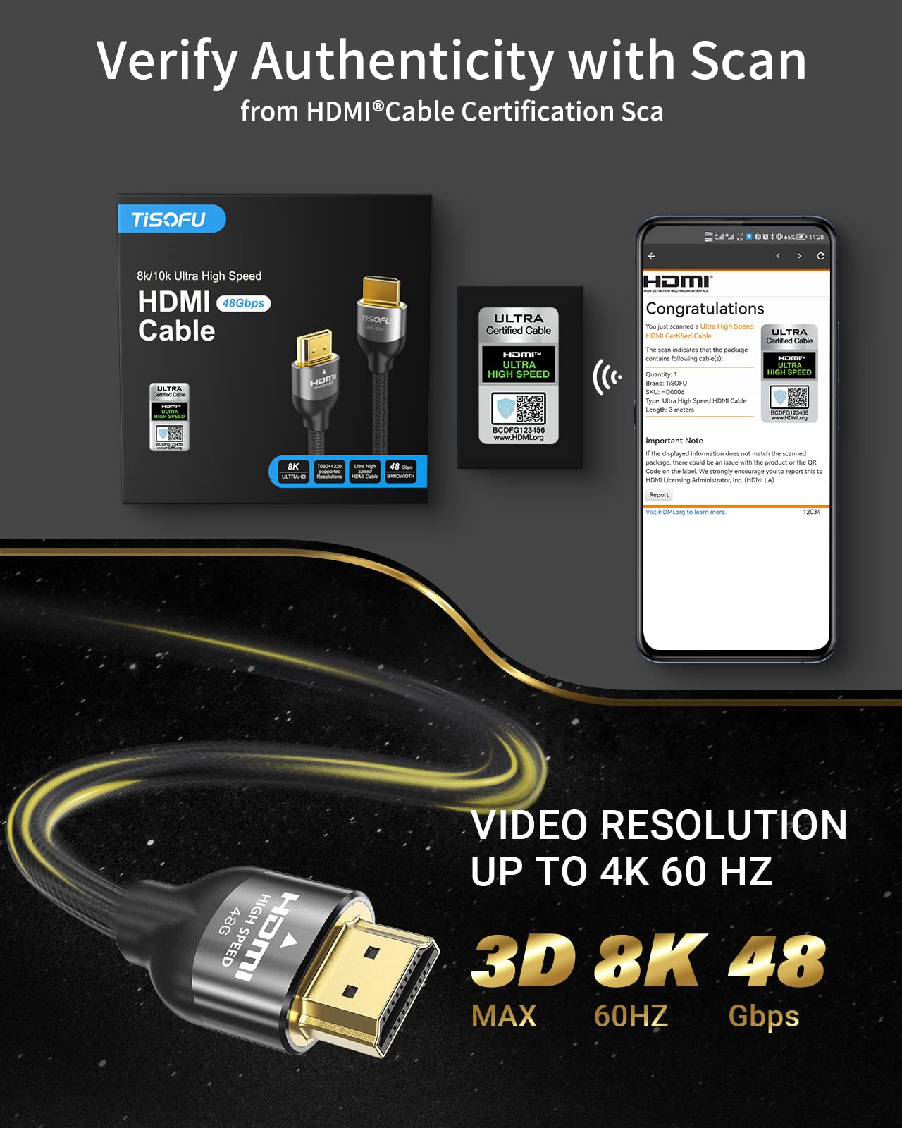 TISOFU Ultra Certified 10K 8K HDMI Cable 6FT: HDMI 2.1 Cables 48Gbps High Speed Premium Braided Cord 8K@60Hz 4K@120Hz 4K@144Hz HDCP 2.2&2.3 CL3 ARC eARC for HD/HDR/HDTV