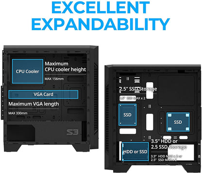 Zalman S3 TG - ATX Mid Tower Computer PC Case - Tempered Glass Side Panel - 3 x 120mm Case Fan Pre-Installed, Black