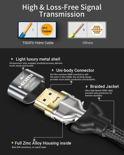 TISOFU Ultra Certified 10K 8K HDMI Cable 6FT: HDMI 2.1 Cables 48Gbps High Speed Premium Braided Cord 8K@60Hz 4K@120Hz 4K@144Hz HDCP 2.2&2.3 CL3 ARC eARC for HD/HDR/HDTV