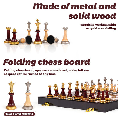 Wooden+Metal Chess Set for Adults and Kids – Marbling Chess Board with Chess Pieces – Portable Travel Chess Sets Metal Wooden Chessmen Folding Chessboard – Two Extra Queens