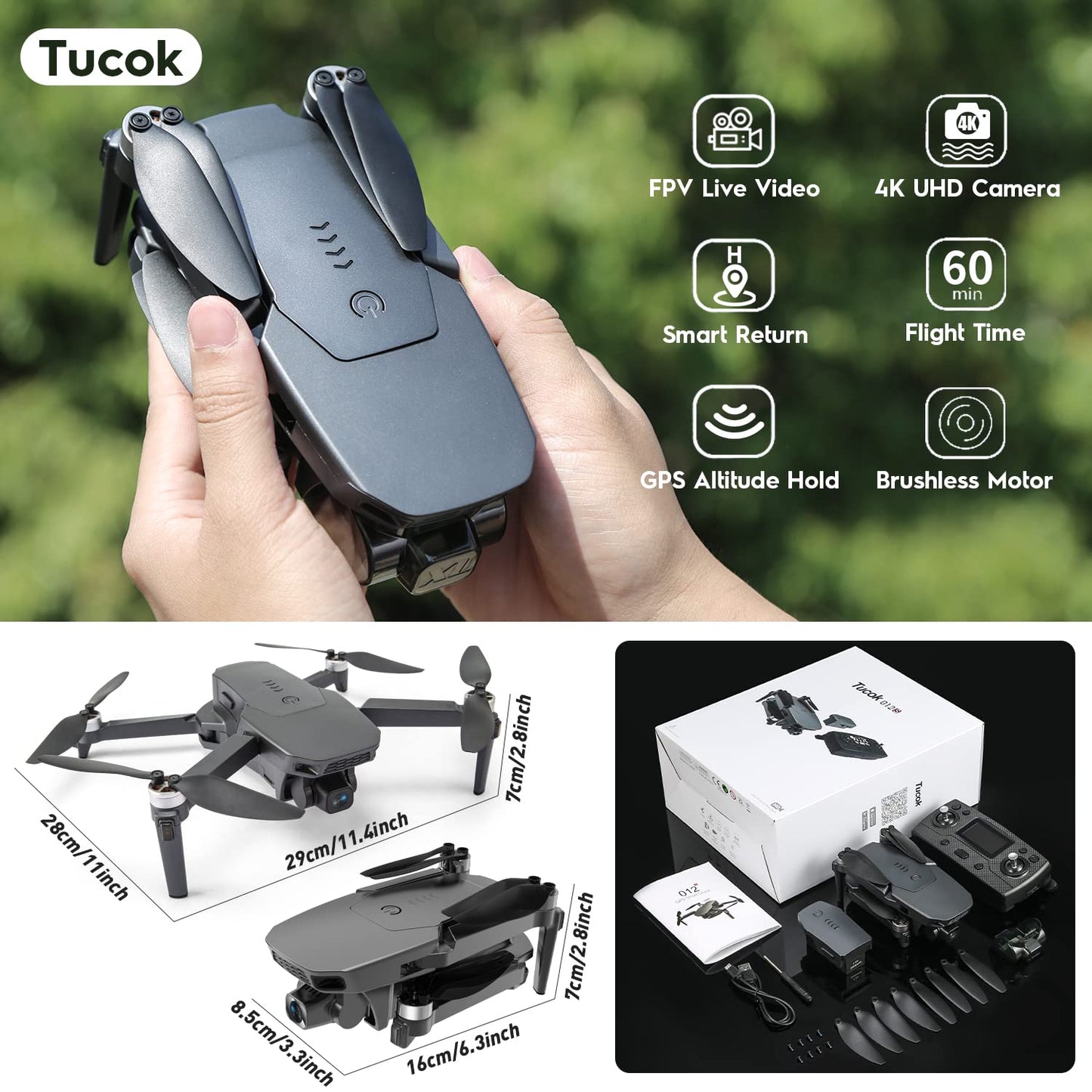 Tucok 012S Drones with Camera for Adults 4K,60 Mins Long Flight Time,GPS 5G FPV Quadcopter for Beginners with Optical Flow Positioning,Auto Return Home,Follow Me,Waypoint Flight,Brushless Motor - amzGamess