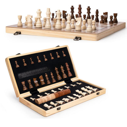 15" Wooden Chess Set | Folding Board, 2 Extra Queens | Magnetic Chess Board Set for Adults & Kids, Pieces Storage Slots Checkers Game for Kids Portable Travel Chess Game for Beginner