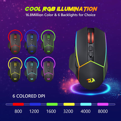 Redragon Wireless Gaming Mouse, Tri-Mode 2.4G/USB-C/Bluetooth Ergonomic Mouse Gaming, 8000 DPI, RGB Backlit, Fully Programmable, Rechargeable Wireless Computer Mouse for Laptop PC Mac, M814 - amzGamess