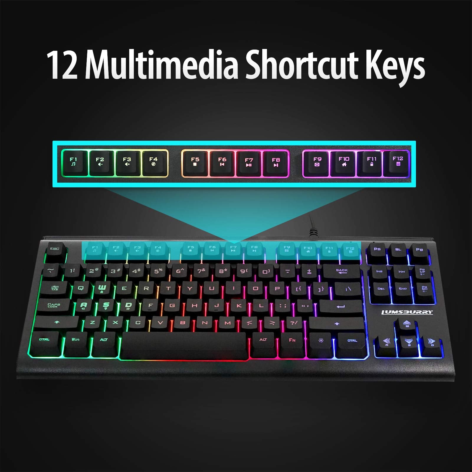 Lumsburry Rainbow LED Backlit 87 Keys Gaming Keyboard, Compact Keyboard with 12 Multimedia Shortcut Keys USB Wired Keyboard for PC Gamers Office - amzGamess
