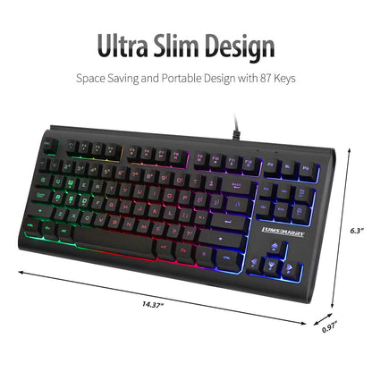 Lumsburry Rainbow LED Backlit 87 Keys Gaming Keyboard, Compact Keyboard with 12 Multimedia Shortcut Keys USB Wired Keyboard for PC Gamers Office - amzGamess