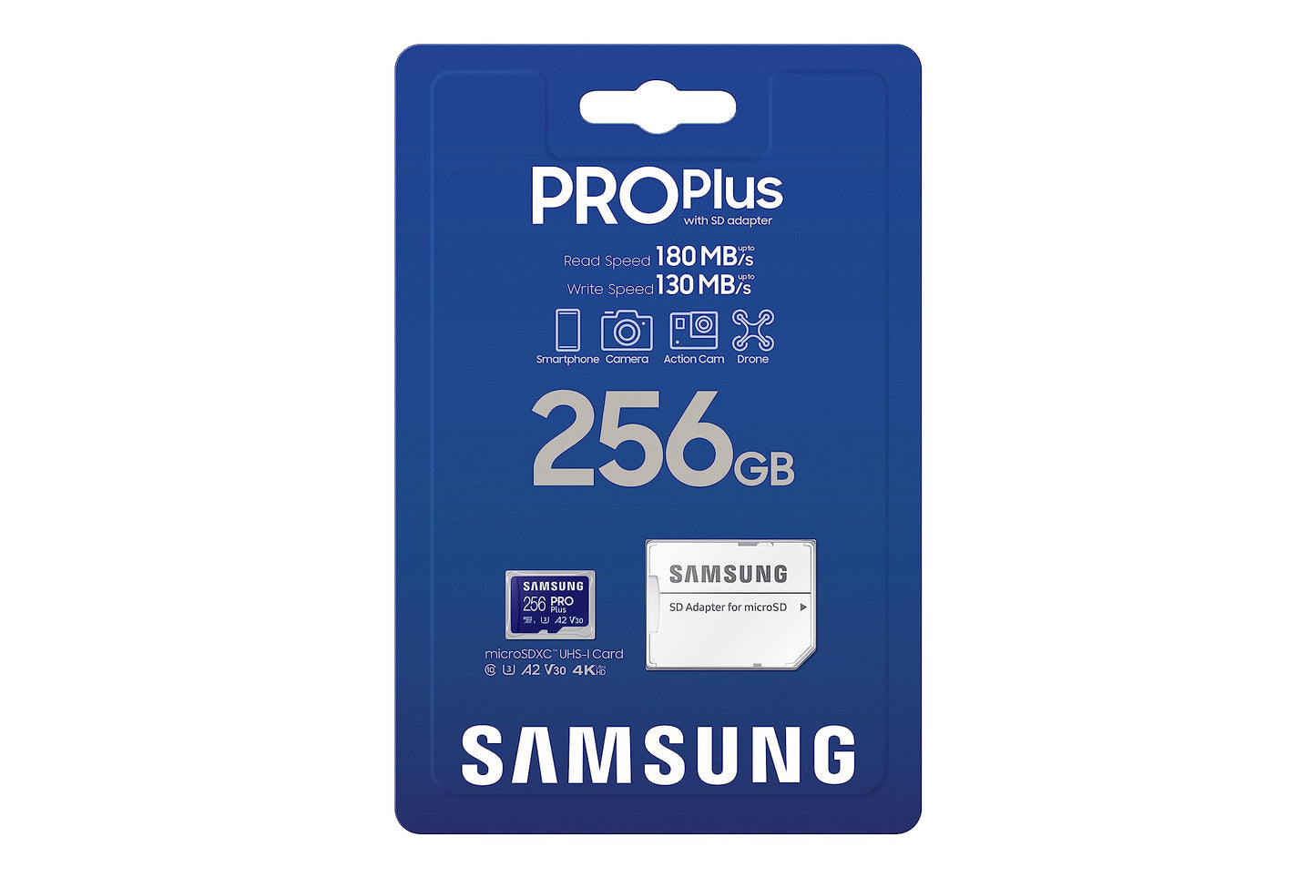 SAMSUNG PRO Plus microSD Memory Card + Adapter, 256GB MicroSDXC, Up to 180 MB/s, Full HD & 4K UHD, UHS-I, C10, U3, V30, A2 for Android Phones, Tablets, GoPRO, DJI Drone, MB-MD256SA/AM, 2023