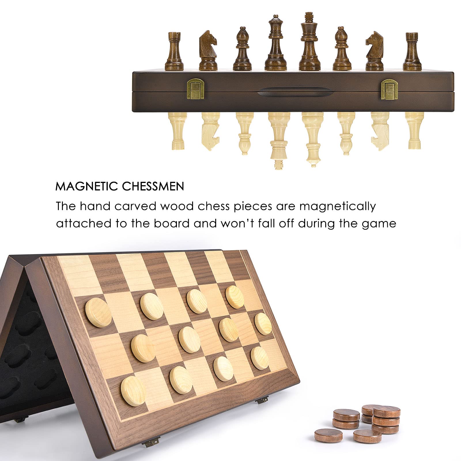 AMEROUS Magnetic Wooden Chess and Checkers Game Set, 15 Inches (2 in 1) Chess Board Games, 2 Extra Queens - Gift Package - Game Pieces Storage Slots, Beginner Chess Set for Kids, Adults - amzGamess