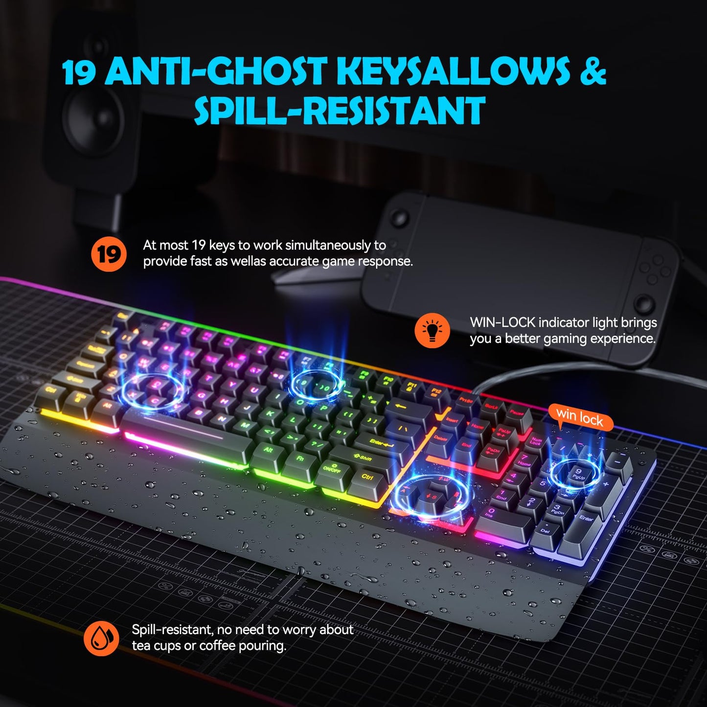 Gaming Keyboard, RGB Light Up Keyboard with Extended Wrist Rest Metal Panel, 104 Keys Rainbow Backlit Wired Keyboard for Gaming, Full Size Quiet Computer Keyboard, Multimedia Keys, Anti-ghosting Keys - amzGamess