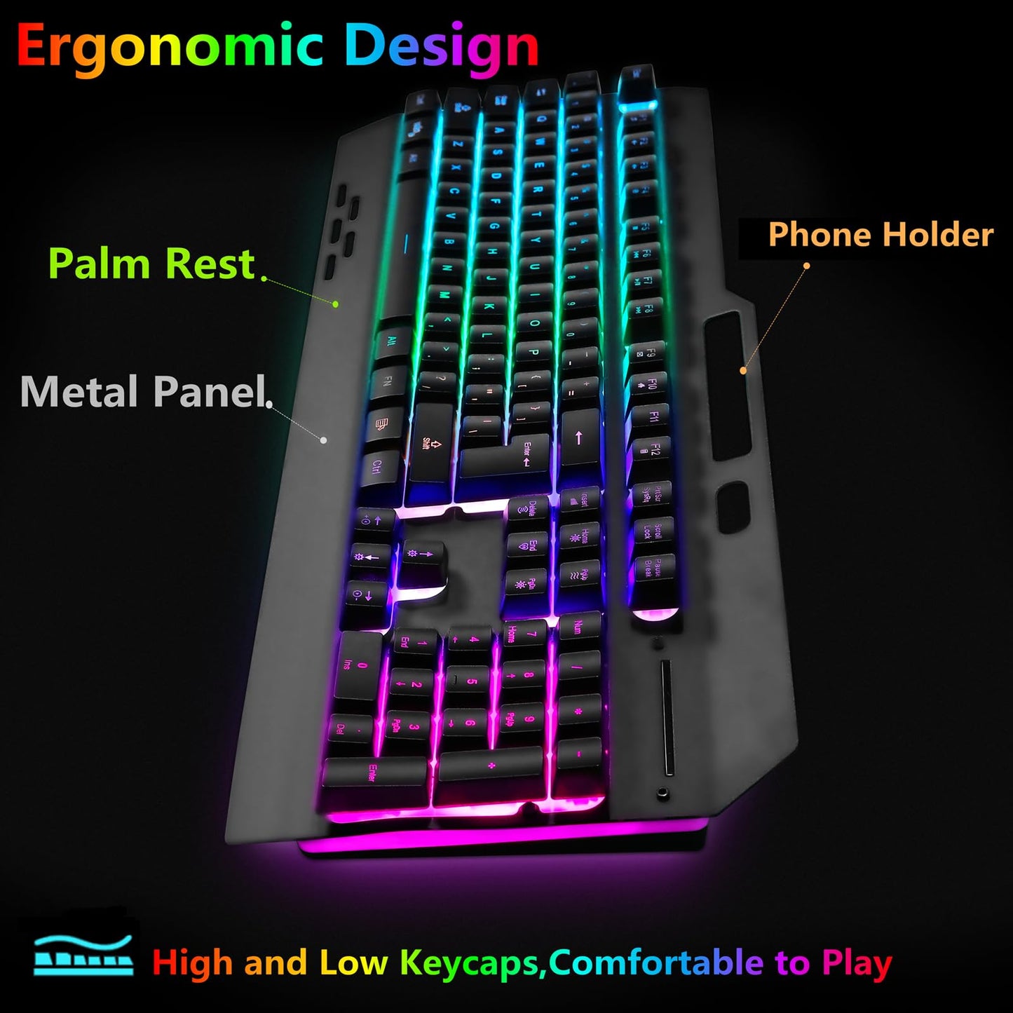 Wireless RGB Backlit Gaming Keyboard and Mouse, Rechargeable, Long Battery Life, Metal Panel Mechanical Feel Keyboard with Palm Rest, 7 Color Mouse and Mouse Pad for Game and Work - amzGamess