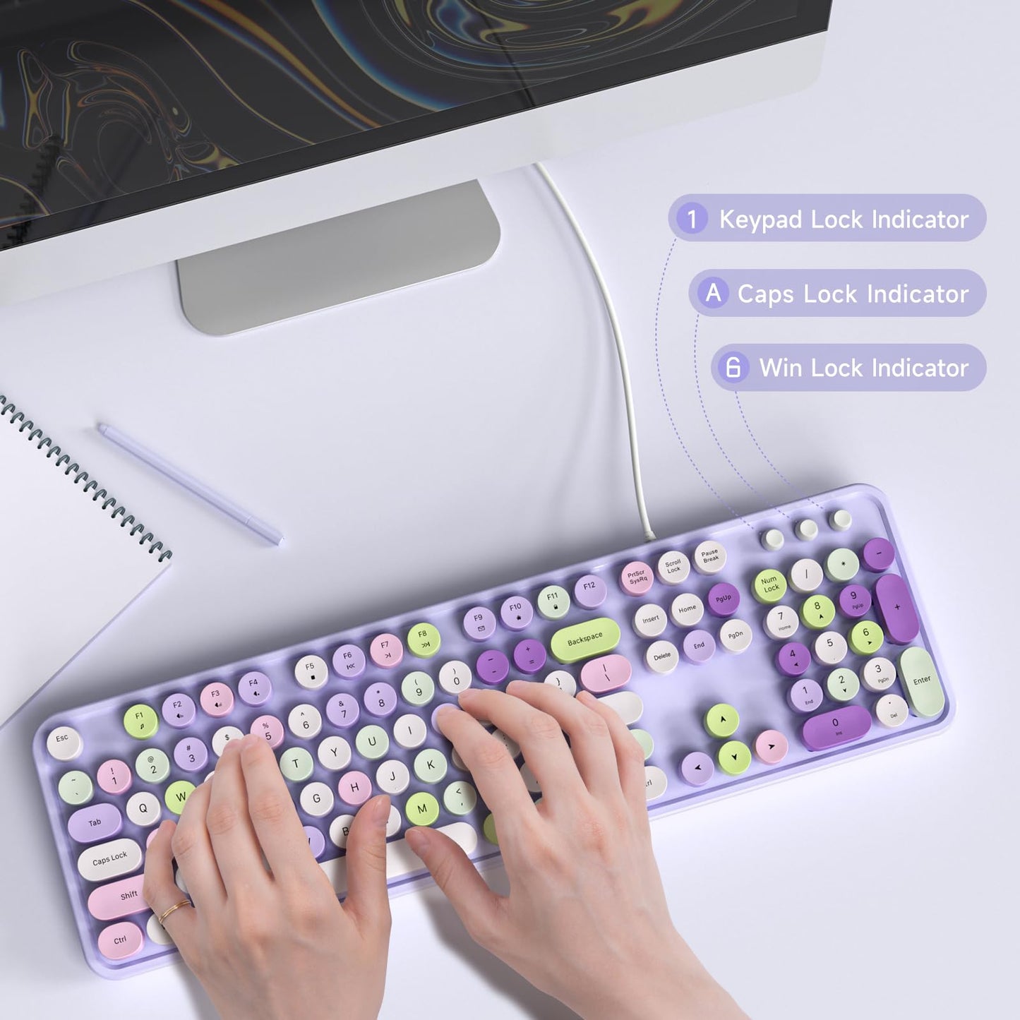 MOWUX Computer Keyboard Wired, Plug and Play USB Retro Round Typewriter Keyboard, Full Size Wired Keyboard with Foldable Stands for Laptop and Office PC- Purple Colorful