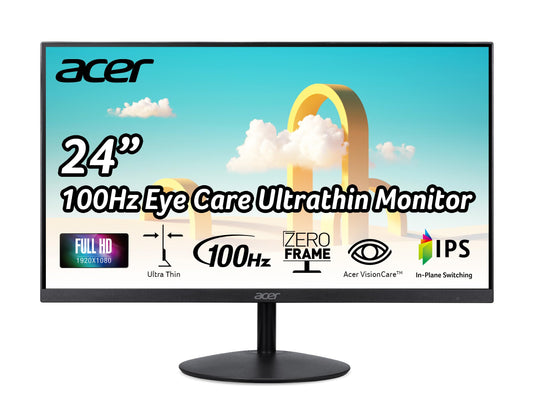 Acer SB242Y EBI 23.8" Full HD (1920 x 1080) IPS Zero-Frame Gaming Office Monitor | AMD FreeSync Technology Ultra-Thin Stylish Design 100Hz 1ms (VRB) Low Blue Light Tilt HDMI & VGA Ports