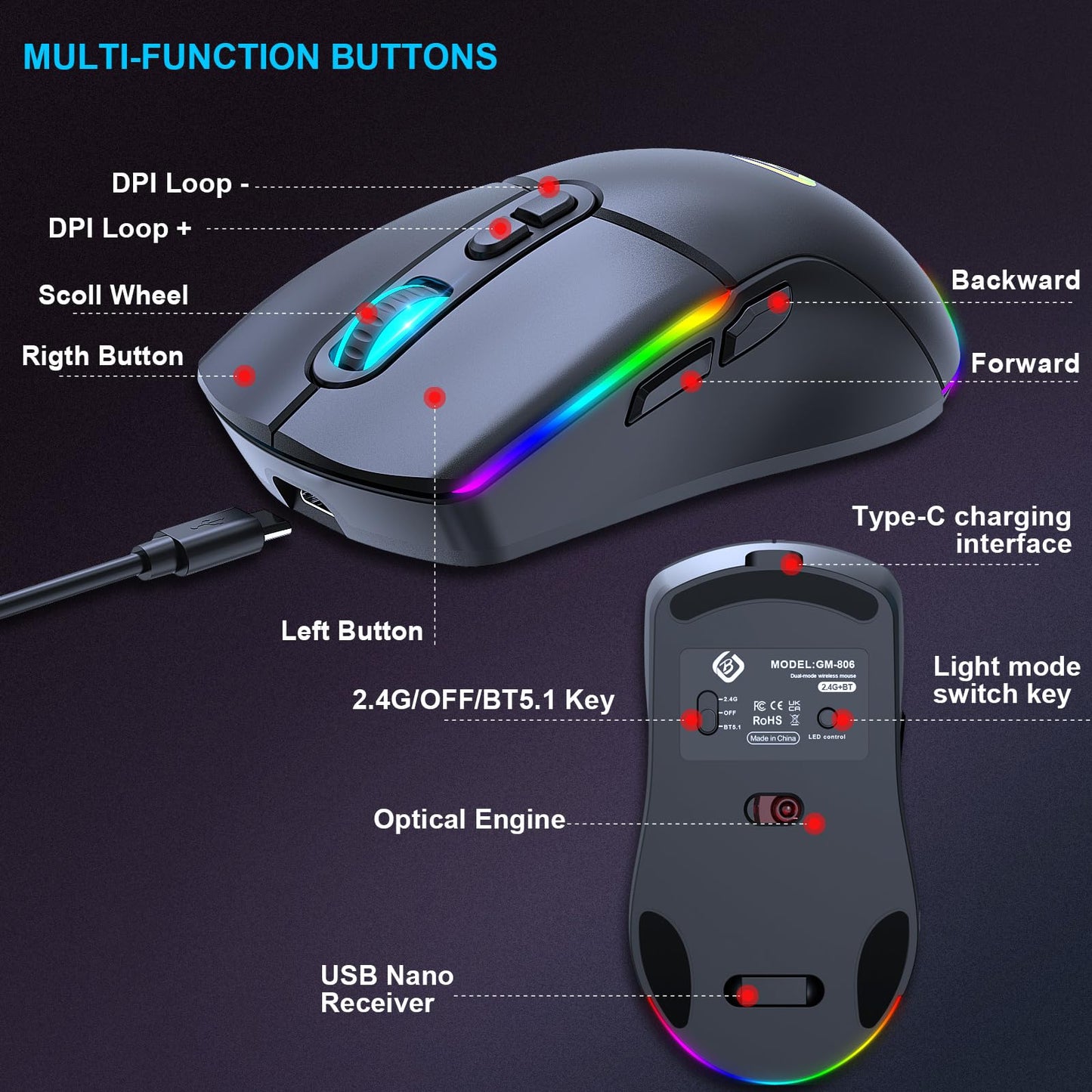 JYCSTE Wireless Gaming Mouse, Dual Mode 2.4GHz/Bluetooth 5.1 Mouse Gaming, Adjustable 4800 DPI, RGB LED Backlit, Ergonomic Mouse with 6 Buttons, Rechargeable Computer Mouse for PC, Mac, Laptop