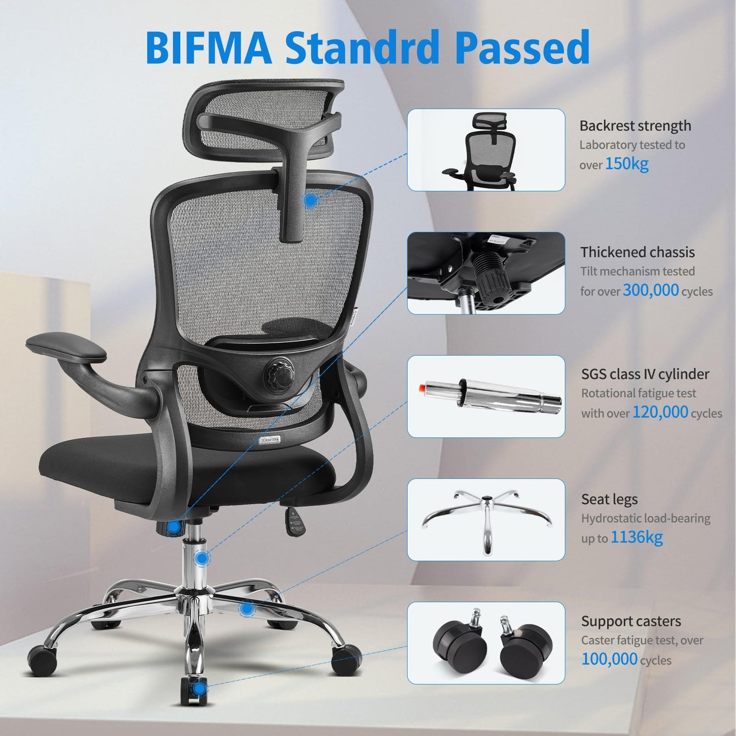 Office Chair with Headrest, Ergonomic Desk Chair with Flip-up 3D Armrest, Lumbar Support Computer Chair, Adjustable Height and 360° Rotation Home Chair (Style 1)