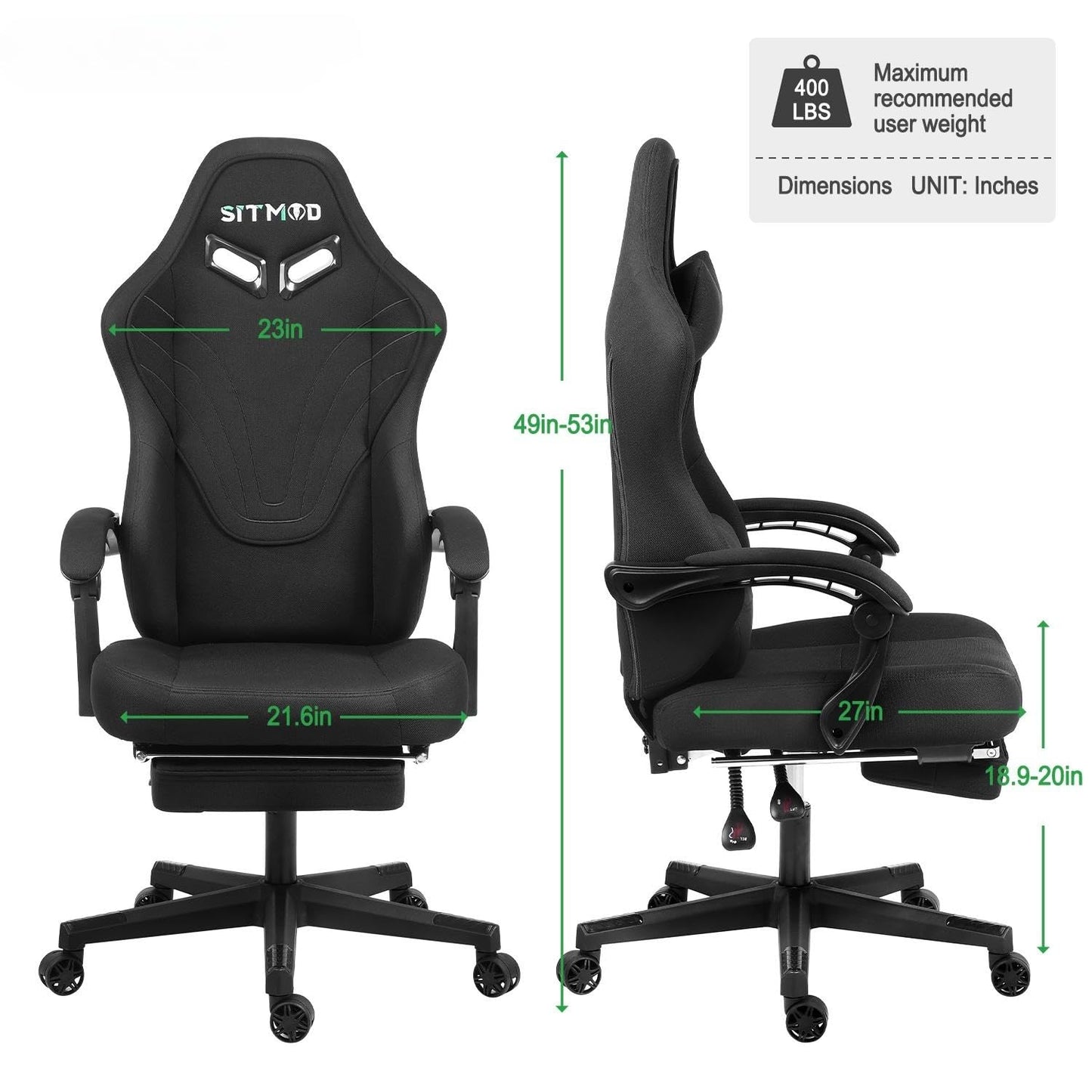 Ulody Gaming Chair,Big and Tall Gaming Chair with Footrest,Ergonomic Computer Chair,Fabric Office Chair with Lumbar Support,360 Degree Swivel and Height Adjustment,Video Gaming Chair for Adults-Black