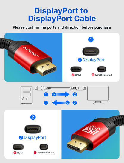 JSAUX DisplayPort Cable 1.4, DP Cable（8K@60Hz, 2K@240Hz, 4K@144Hz, 32.4Gbps）, Display Port to Display Port Cable 1.4 (DP to DP Cable) Compatible for Gaming Laptop TV PC Computer Monitor 6.6ft-Red
