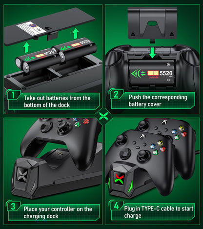 Upgraded Controller Charger Station with 2x5520mWh Rechargeable Battery Packs for Xbox One/Series X|S Controller,Dual Charging Dock for Xbox One Controller Battery Pack with 4 Battery Covers for Xbox - amzGamess