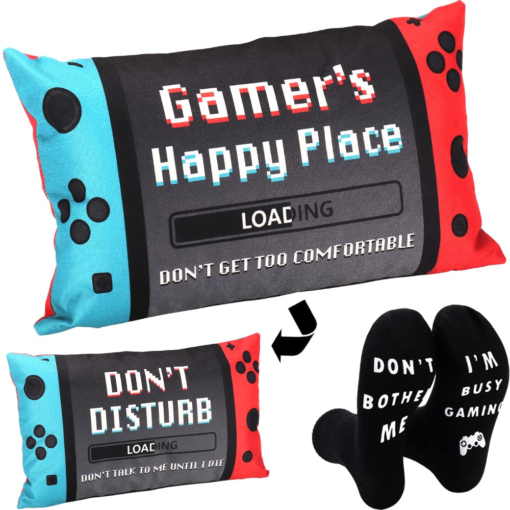 Gamer Gifts for Teen Boys, Letter Print Gaming Room Decor, Gaming Gifts for Men Boyfriends, Gamer Socks + Throw Pillow Covers For Home, 20x12 Inch - amzGamess