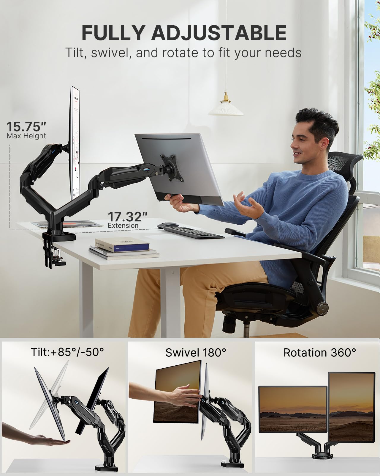 HUANUO Dual Monitor Stand - Adjustable Spring Monitor Desk Mount Swivel Vesa Bracket with C Clamp, Grommet Mounting Base for 13 to 30 Inch Computer Screens - Each Arm Holds 4.4 to 19.8lbs