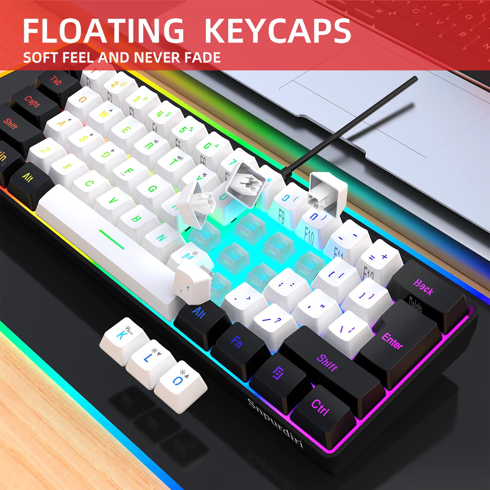 Snpurdiri 60% Wired Gaming Keyboard, RGB Backlit Mini Keyboard, Waterproof Small Ultra-Compact 61 Keys Keyboard for PC/Mac Gamer, Typist, Travel, Easy to Carry on Business Trip(Black-White) - amzGamess