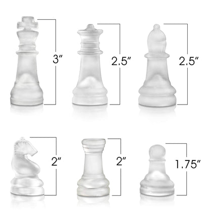 Gamie Glass Chess Set, 2 players - Elegant Design - Durable Build - Fully Functional - 32 Frosted and Clear Pieces - Felted Bottoms - Easy to Carry - Reassuringly Stable (14 Inch)