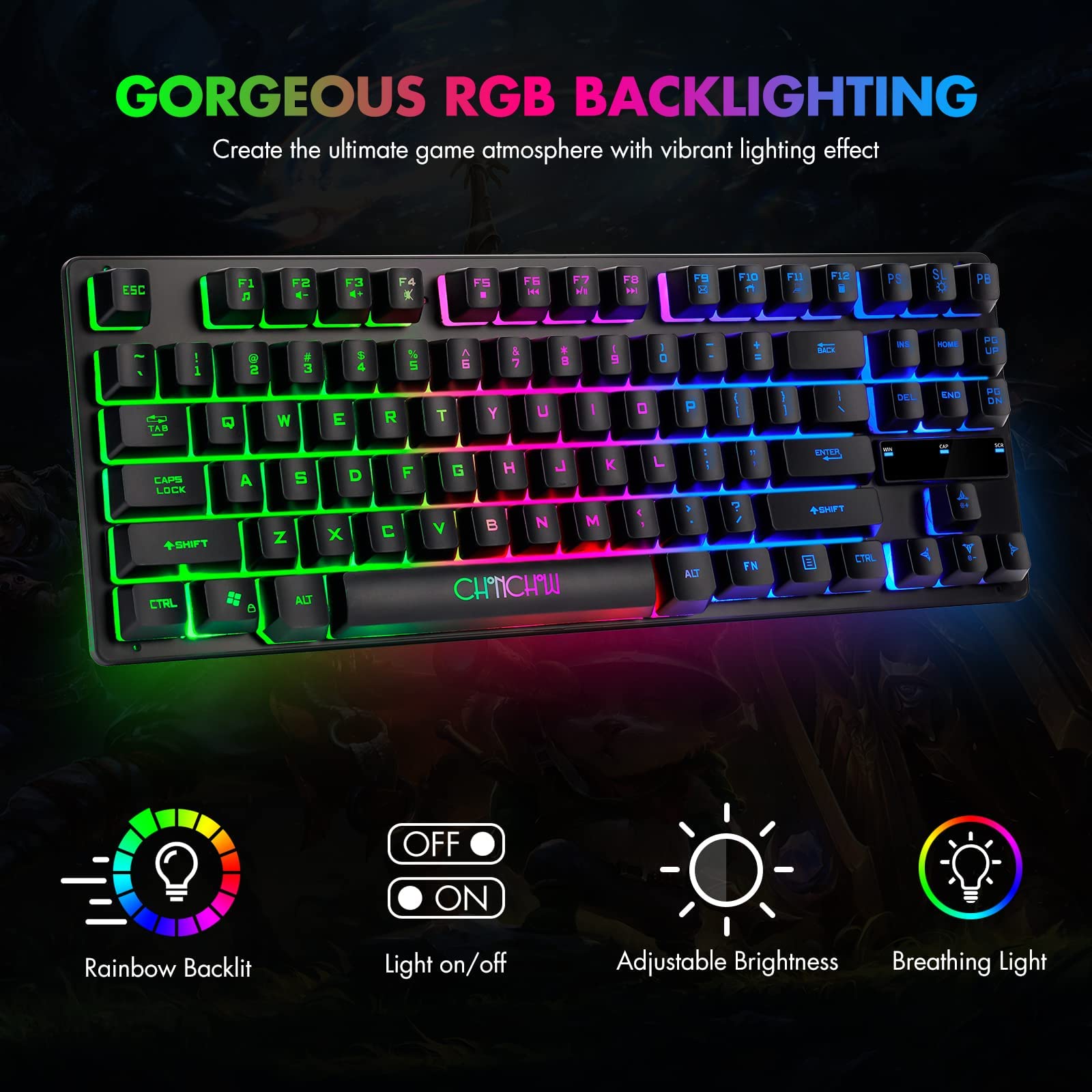 CHONCHOW 87-Key RGB Backlit Compact Gaming Keyboard - USB Wired Tenkeyless Keyboard for Laptop, PS4, Xbox, PC Gaming and Work - amzGamess
