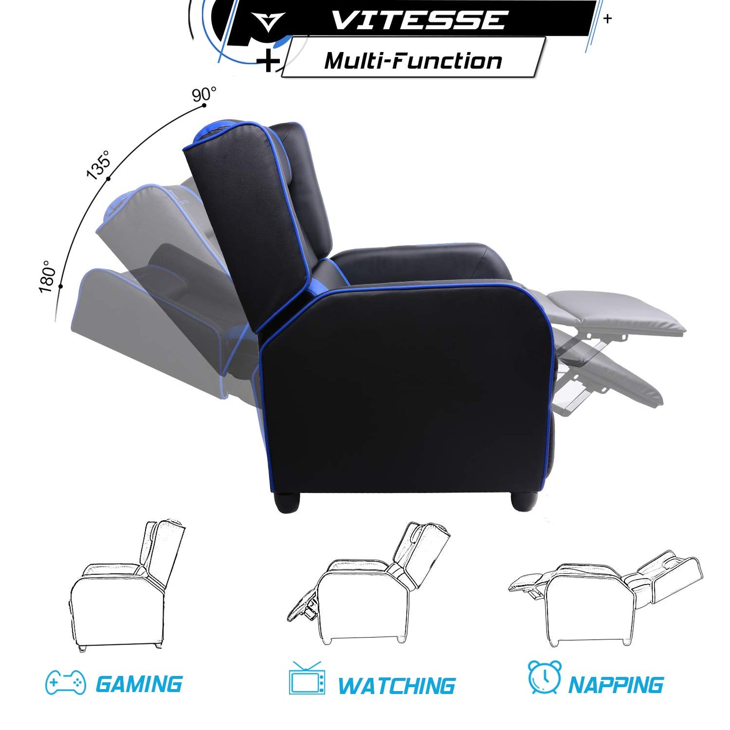 VITESSE VIT Gaming Recliner Chair Racing Style Single PU Leather Sofa Modern Living Room Recliners Ergonomic Comfortable Home Theater Seating, Blue.