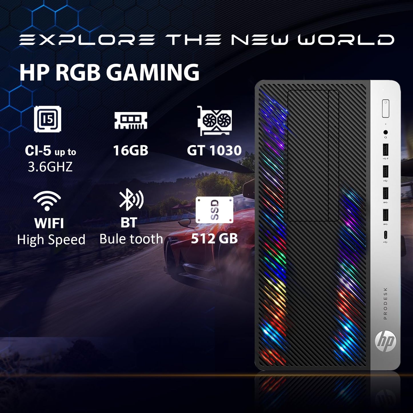 HP RGB Gaming Desktop Computer, Intel Quad Core I5-6500 up to 3.6GHz, GeForce GT 1030 2G, 16GB DDR4, 512G SSD, RGB Keyboard & Mouse, 600M WiFi & Bluetooth 5.0, Win 10 Pro (Renewed)