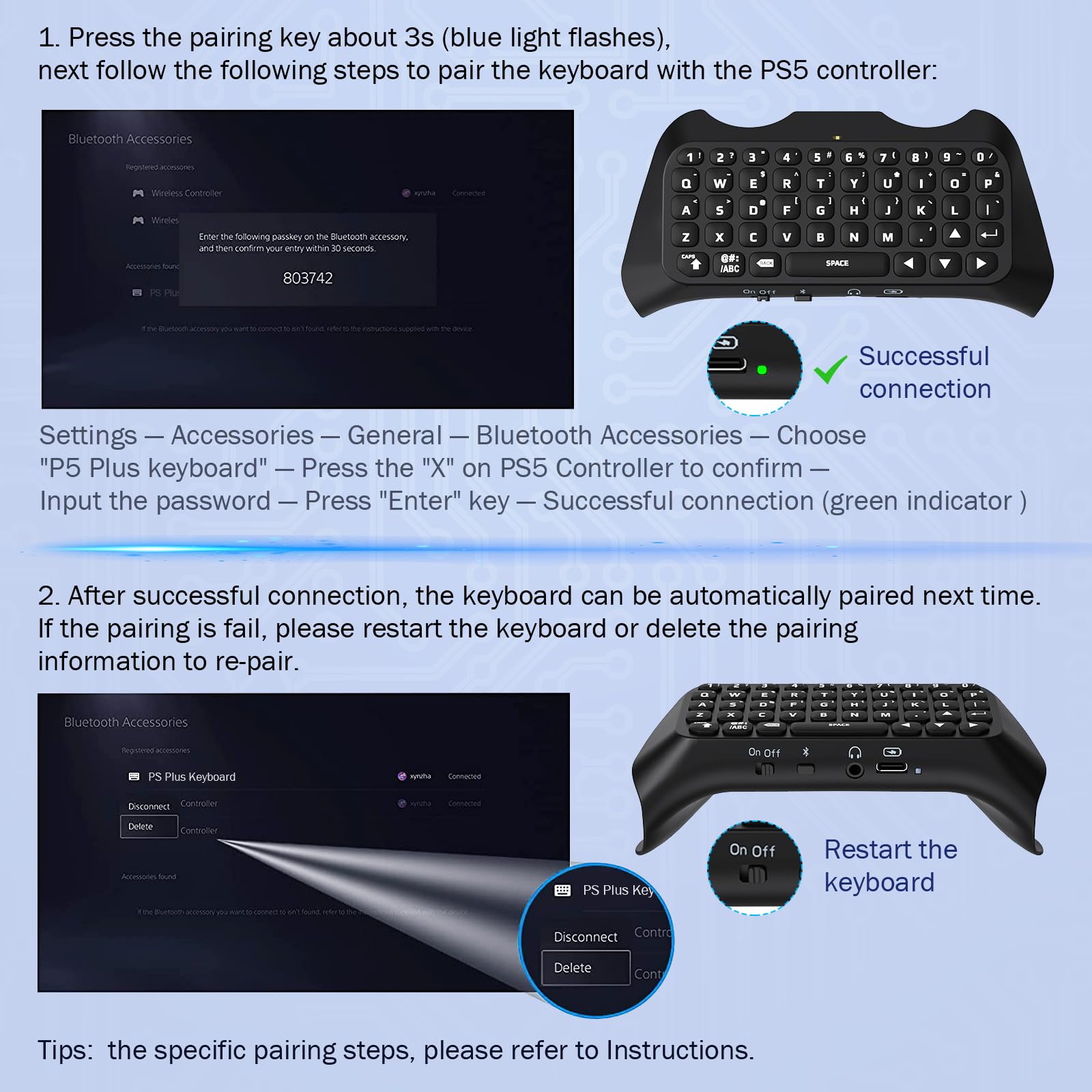 MoKo Keyboard for PS5 Controller with Green Backlight, Bluetooth Wireless Mini Keypad Chatpad for Playstation 5, Built-in Speaker & 3.5mm Audio Jack for PS5 Controller Accessories - amzGamess