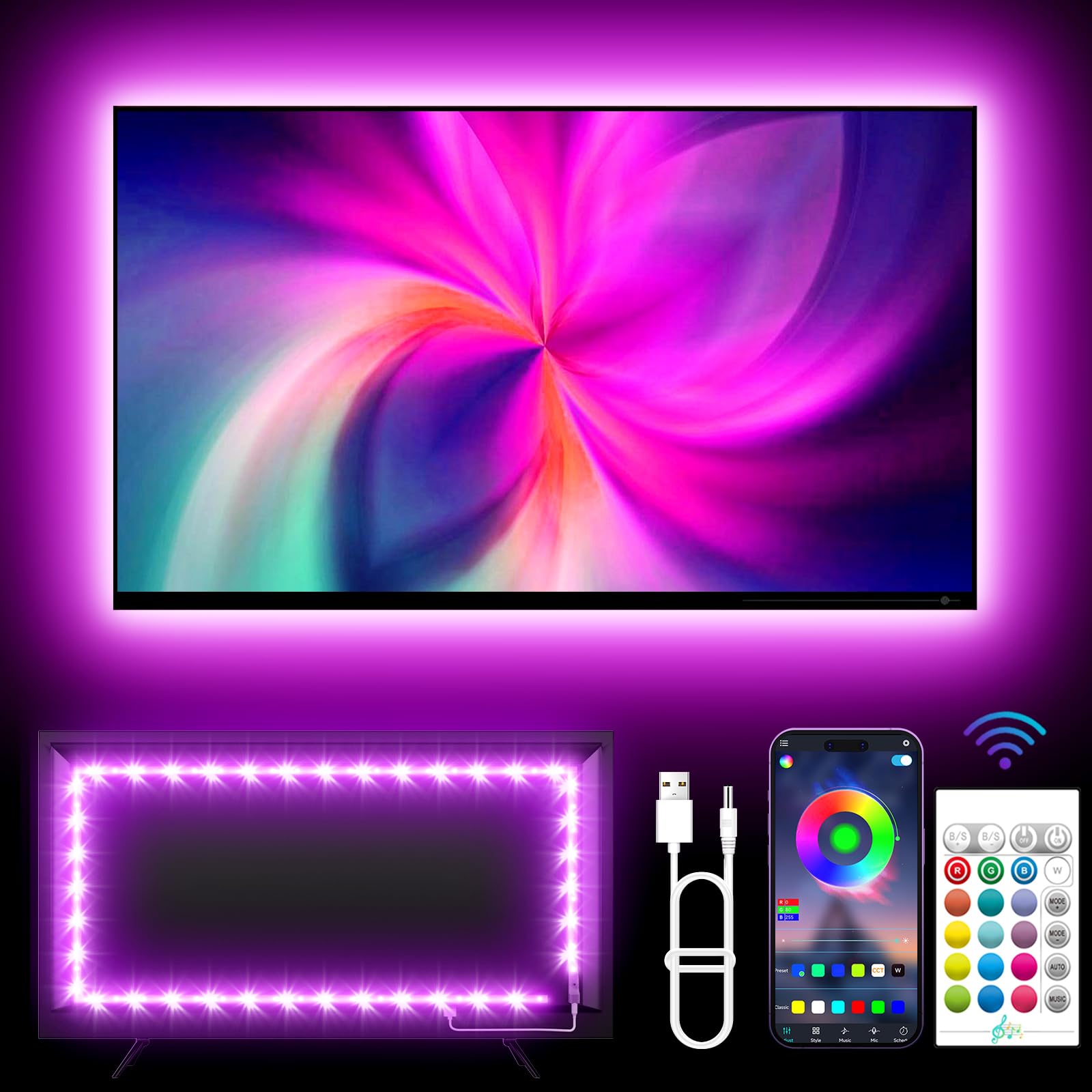 KANTUTOE TV Backlights, 13.1FT LED Lights for 32-65 Inch TV, RGB TV LED Lights Behind, Music Sync Bluetooth APP and Remote Control TV LED Strip Lights USB Powered for Gaming/Bedroom - amzGamess
