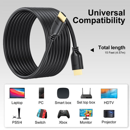 UVOOI HDMI Cable 15 FT, 4K 15 Foot HDMI to HDMI Cable in-Wall CL3 Rated High Speed HDMI 2.0 Cord(4K@60Hz, 2K 1440P, 3D, HDCP2.2, ARC, Ethernet) Compatible for Monitor, Projector, HDTV, Laptop, PC