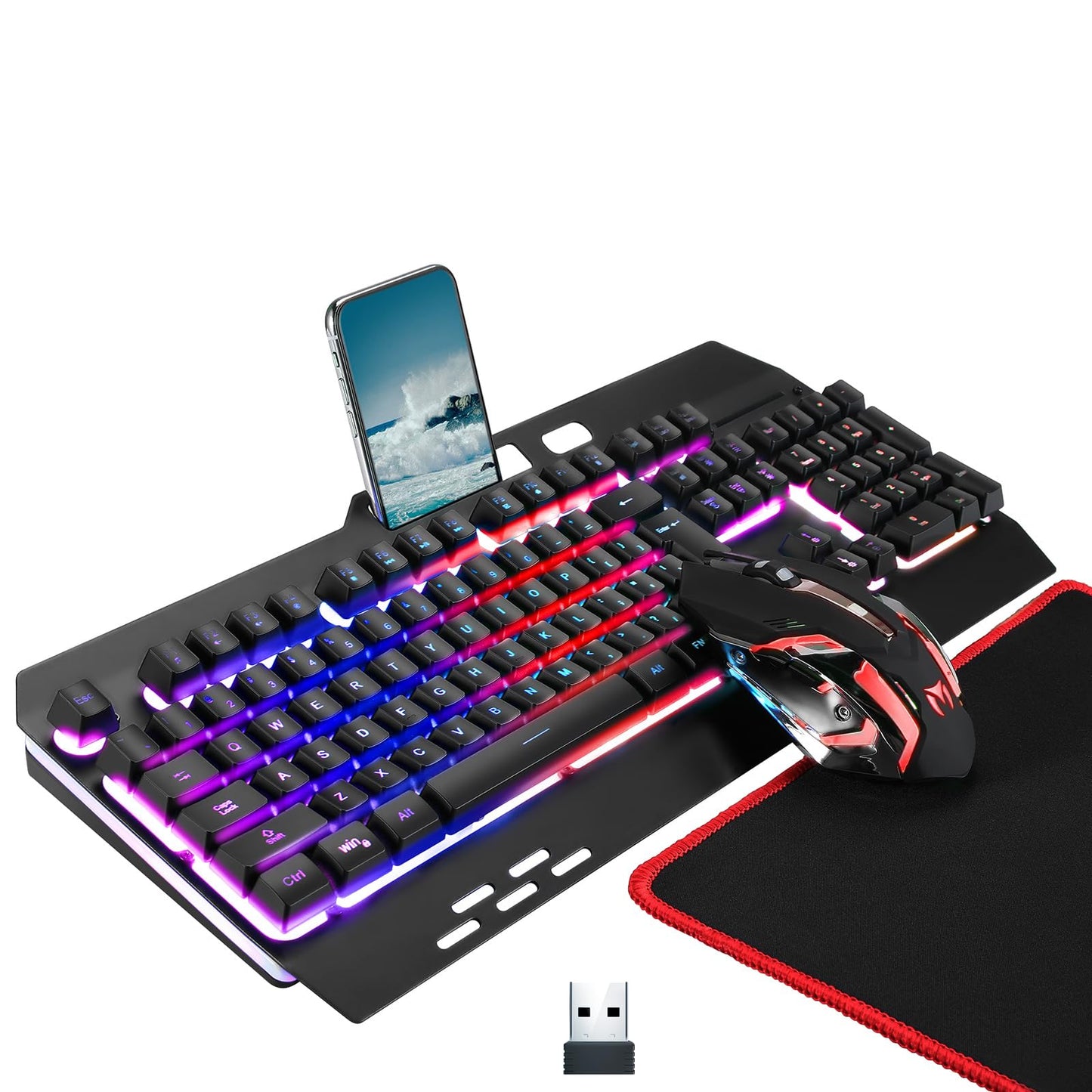 Wireless RGB Backlit Gaming Keyboard and Mouse, Rechargeable, Long Battery Life, Metal Panel Mechanical Feel Keyboard with Palm Rest, 7 Color Mouse and Mouse Pad for Game and Work - amzGamess