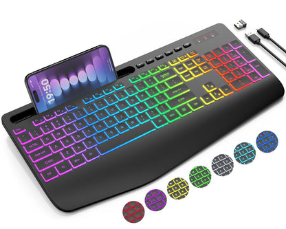 SABLUTE Wireless Keyboard with 8 Colors & 9 Effects Backlit, Wrist Rest, Phone Holder, Rechargeable Ergonomic Computer Keyboards, Full Size Silent 2.4G Cordless Keyboard for PC, Laptop, Mac, Windows