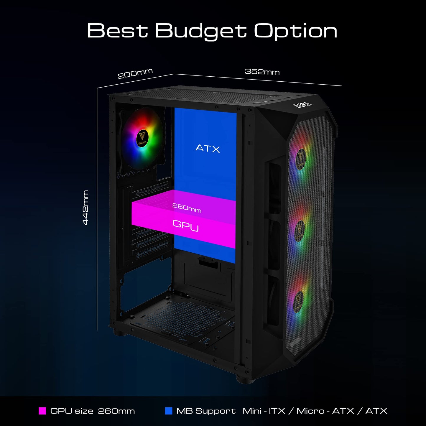 GAMDIAS ATX Mid Tower Gaming Computer PC Case with Side Tempered Glass, 4X 120mm ARGB Case Fans and Sync with 5V RGB Motherboard