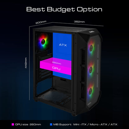 GAMDIAS ATX Mid Tower Gaming Computer PC Case with Side Tempered Glass, 4X 120mm ARGB Case Fans and Sync with 5V RGB Motherboard
