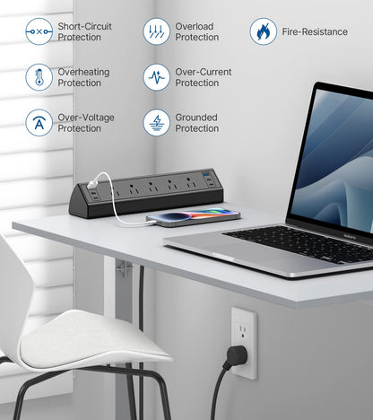 40W Fast Charging Station, Desk Clamp Power Strip with 4 PD USB-C Ports, 5 AC Outlets and 6ft Cord, Fits 1.6" Tabletop Edge