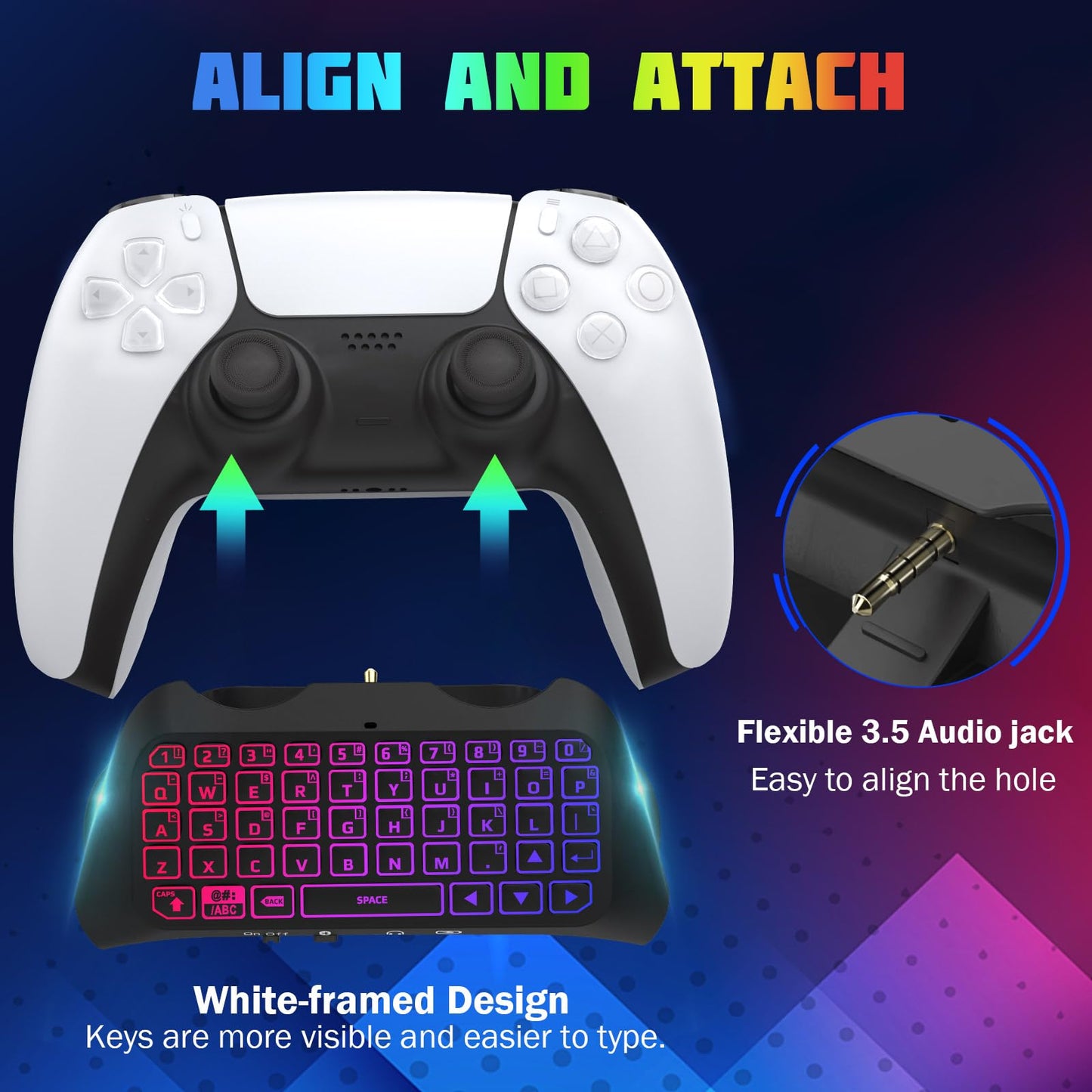 TiMOVO Multi-color RGB Backlight Keyboard for PS5 Controller, Wireless Bluetooth Keypad Chatpad for Playstation 5 Controller, Mini PS5 Game Keyboard Built-in Speaker with 3.5mm Audio Jack, Black - amzGamess