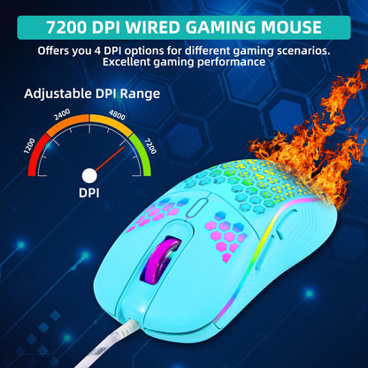 LETGOALL Lightweight Honeycomb Gaming Mouse, High Precision 7200DPI Optical Sensor, RGB Backlight, Wired, Ergonomic USB Computer Mouse for PC, Mac, Laptop（Blue