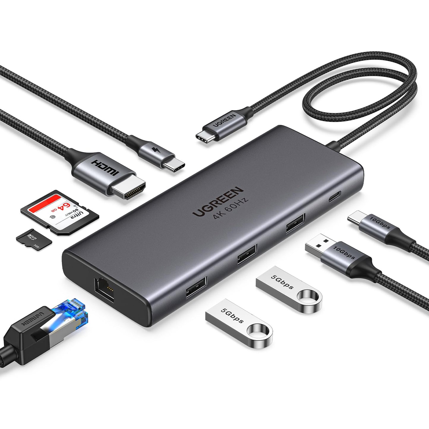 UGREEN Revodok Pro 109 USB C Hub 9 in 1 10Gbps USB C 3.2 & USBA 3.2 4K HDMI, 100W Power Delivery, SD/TF Card Reader Gigabit Ethernet for MacBook Pro/Air,iPhone 15 Pro/Pro Max, Thinkpad and More.