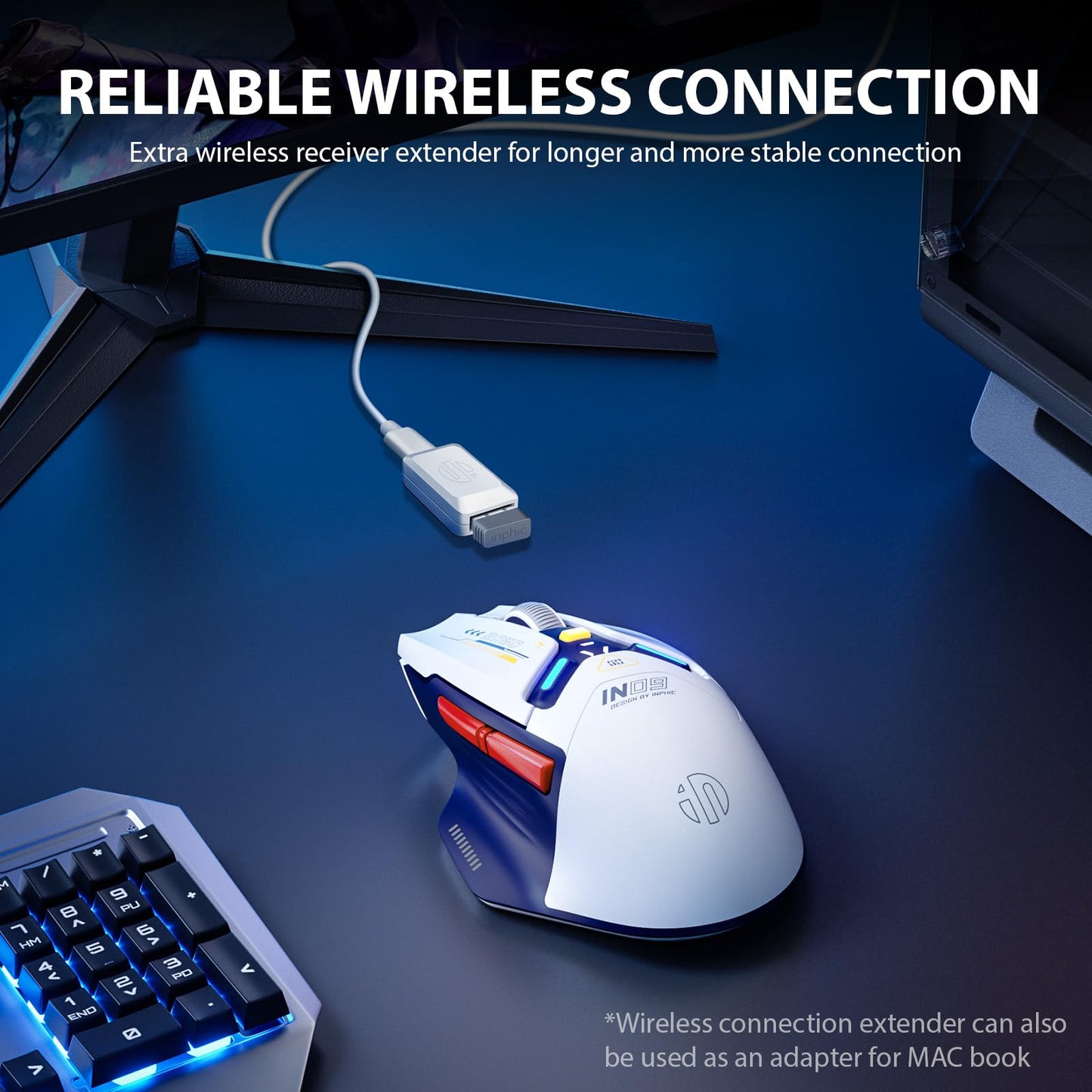INPHIC IN9 Wireless Gaming Mouse, True Tri-Mode Bluetooth/Type-CWired/2.4G Wireless Mouse, 10000 DPl, Fully Programmable, RGB Backlit, Rechargeable Wireless Computer Mouse for Laptop PC Mac-White-Blue